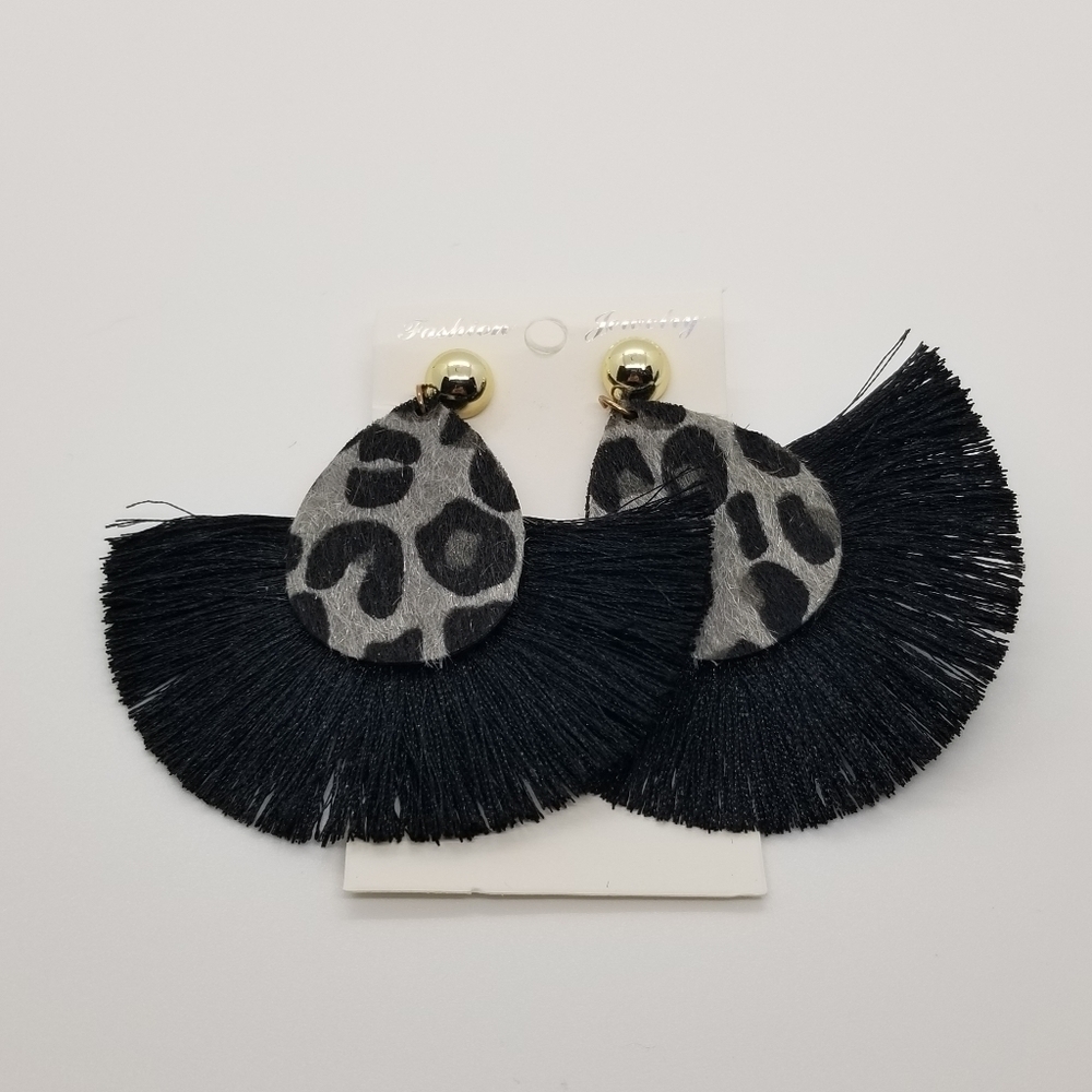 black and gray leopard fringe earrings with gold tone posts new on card